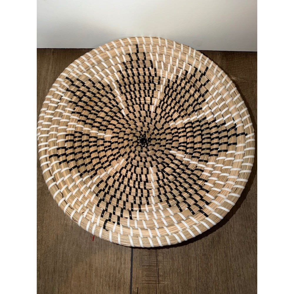 Handmade Woven Wall Basket Decor Boho Round Shallow Bowl Black White 12 Inch